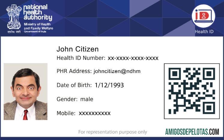 Cartão de identificação de saúde da Autoridade Nacional de Saúde da Índia exemplo real